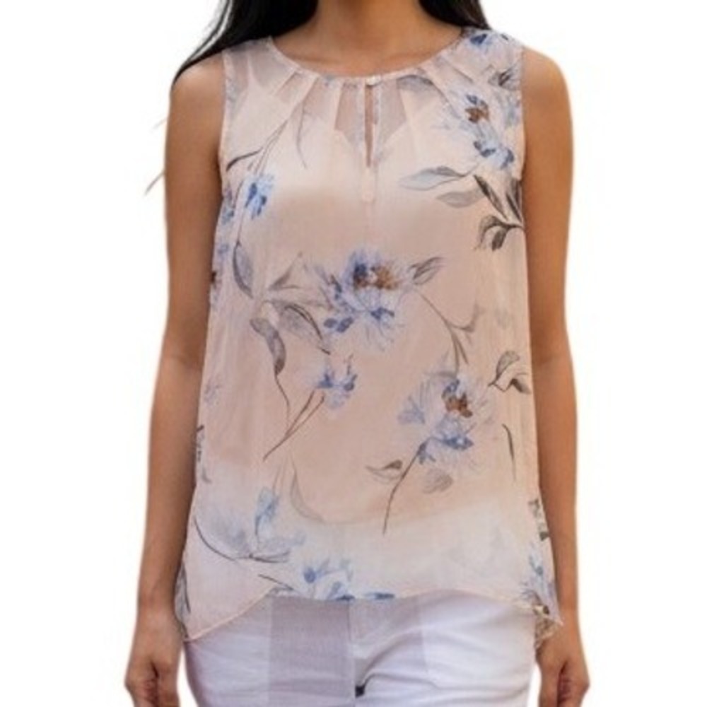 WHITE HOUSE BLACK MARKET Floral Layered Chiffon Split Back Blouse Peach Blue 6
